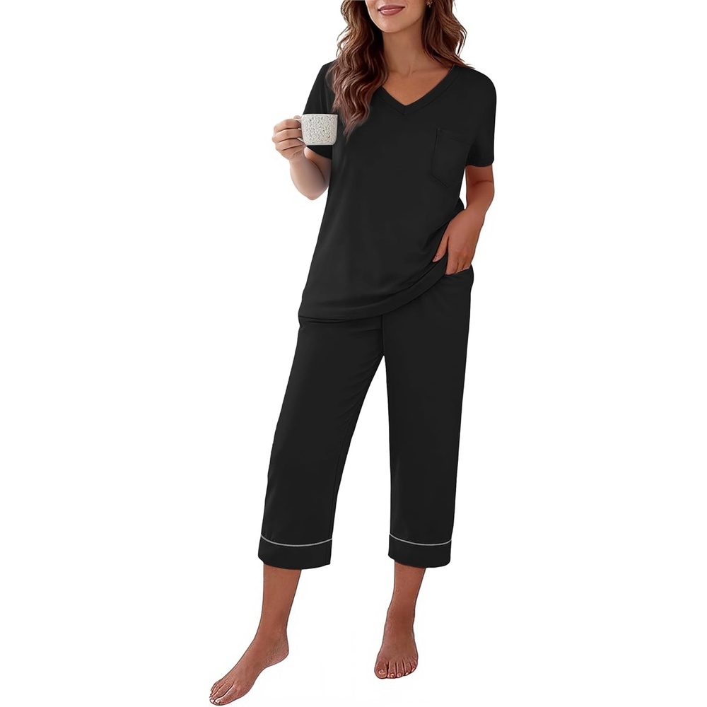 image:imageEkouaer Cotton Pajamas for Women Set Short Sleeve Top and Capri Pants Lounge Sets with Pockets Soft SleepwearBlack