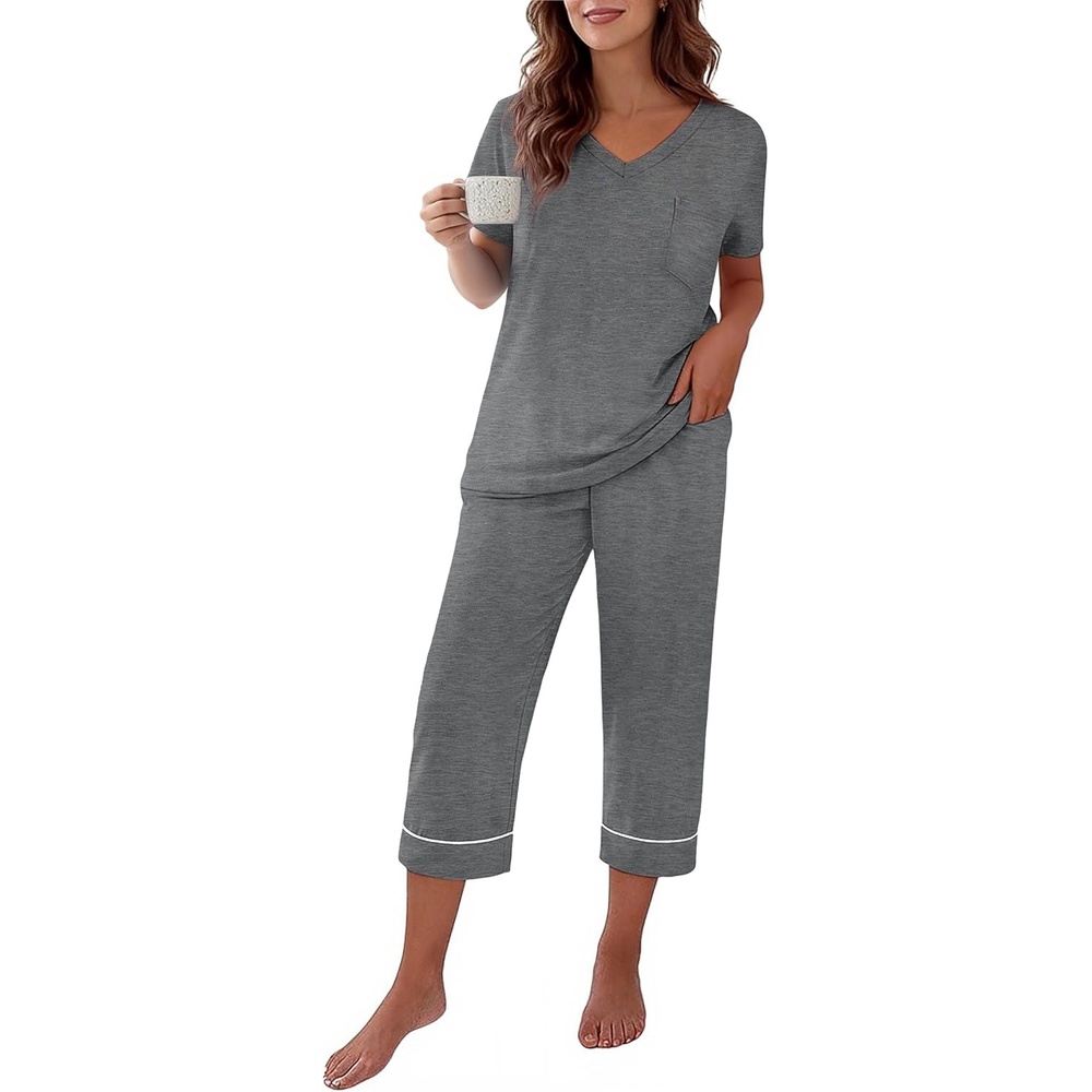 image:imageEkouaer Cotton Pajamas for Women Set Short Sleeve Top and Capri Pants Lounge Sets with Pockets Soft SleepwearGrey