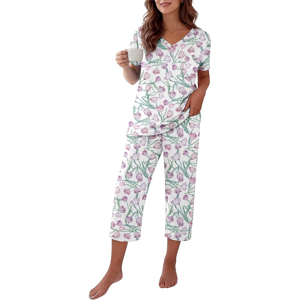 image:imageEkouaer Cotton Pajamas for Women Set Short Sleeve Top and Capri Pants Lounge Sets with Pockets Soft SleepwearPurple Flowers