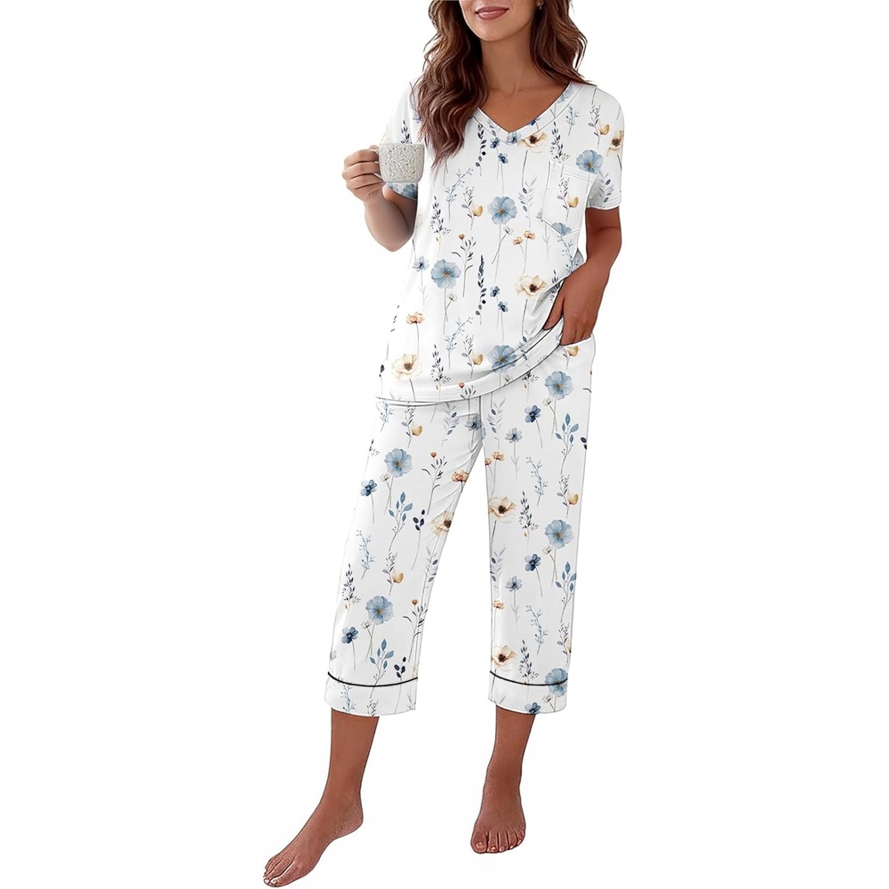 image:imageEkouaer Cotton Pajamas for Women Set Short Sleeve Top and Capri Pants Lounge Sets with Pockets Soft SleepwearWhite Colorful Flowers