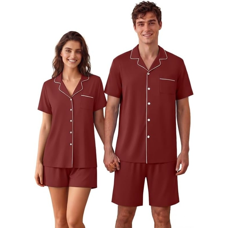 image:imageEkouaer Couple Matching Pajamas Sets Short Sleeve Button Down Pjs Sleepwear 2 Piece Lounge Set XSXXXLWine Red