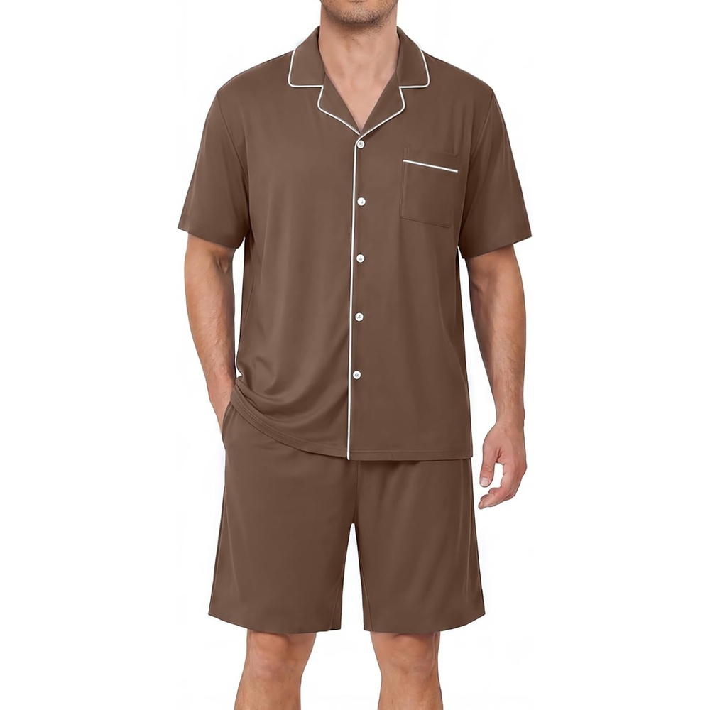 image:imageEkouaer Mens Pajamas Set Summer Short Sleeve Button Up Pjs 2 Piece Sleepwear with Pockets SXXXLBrown