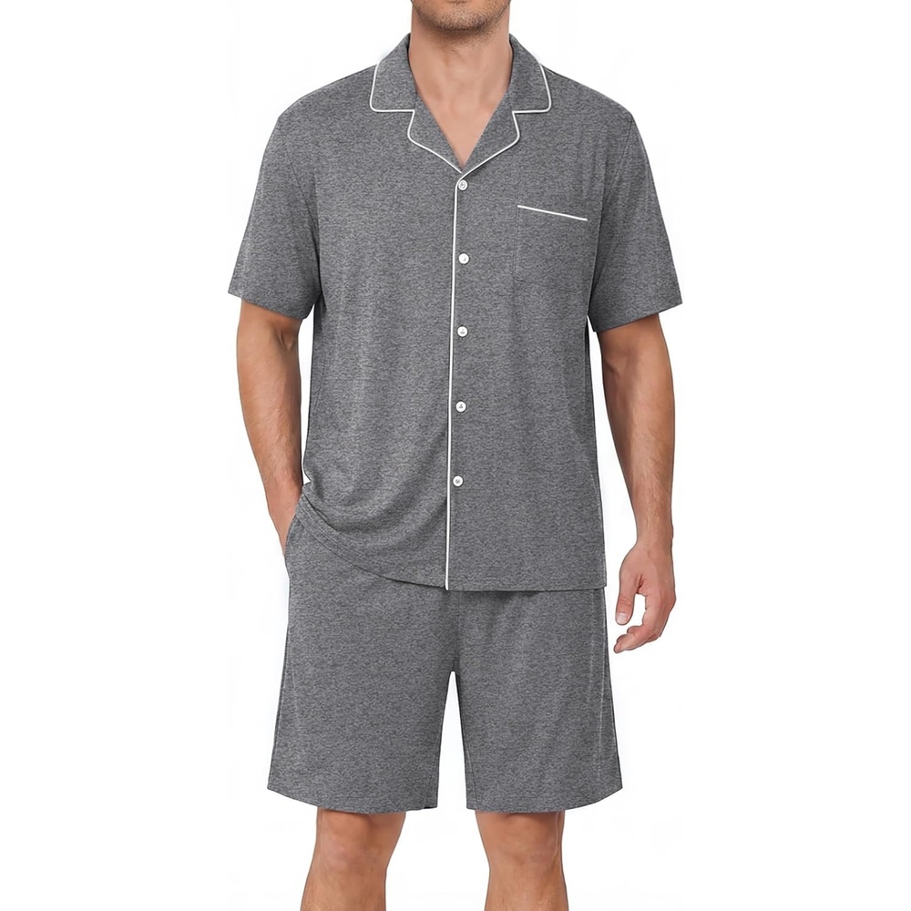 image:imageEkouaer Mens Pajamas Set Summer Short Sleeve Button Up Pjs 2 Piece Sleepwear with Pockets SXXXLGray