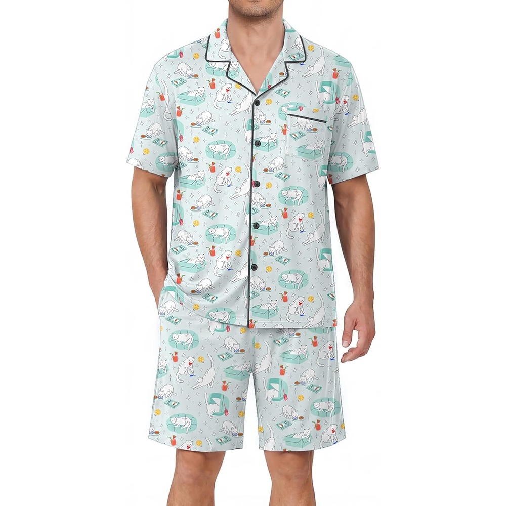image:imageEkouaer Mens Pajamas Set Summer Short Sleeve Button Up Pjs 2 Piece Sleepwear with Pockets SXXXLLight Blue Cat Print