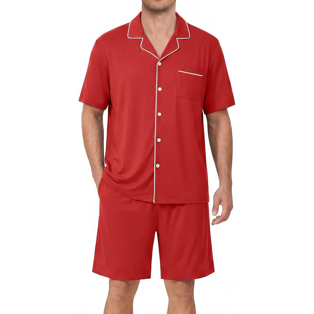 image:imageEkouaer Mens Pajamas Set Summer Short Sleeve Button Up Pjs 2 Piece Sleepwear with Pockets SXXXLRed