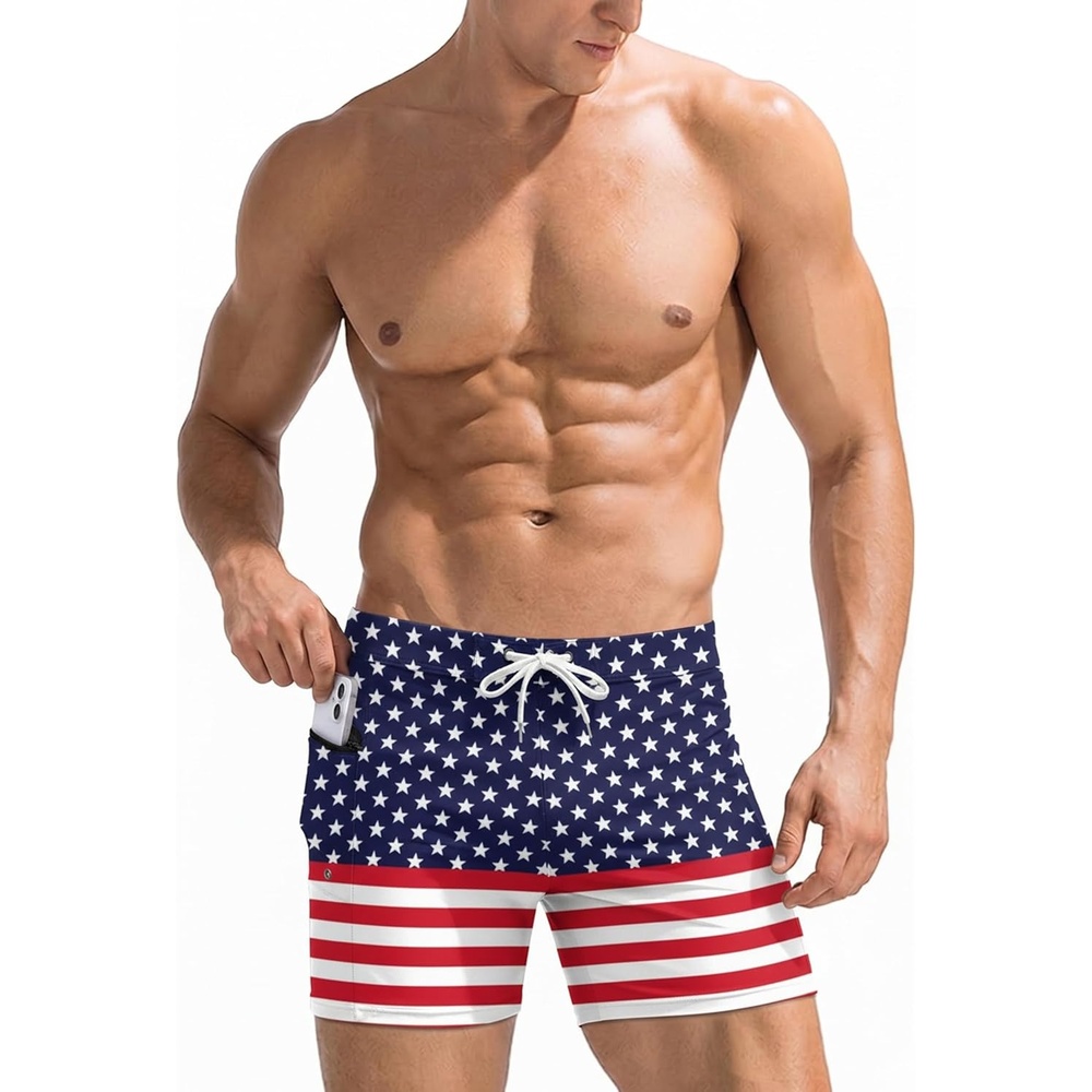 image:imageEkouaer Mens Tight Swim Trunks Quick Dry Swim Briefs 5 Sexy Swimwear Zip Pockets Bathing Suit with Mesh LiningZ American Flag
