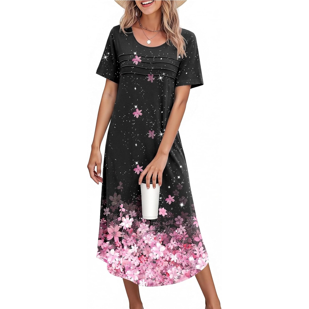 image:imageEkouaer Nightgowns for Women Long Night Gown Pleated Moo Moos Short Sleeve House Dress Plus Size Lounge Dress S5XLBlack Sakura
