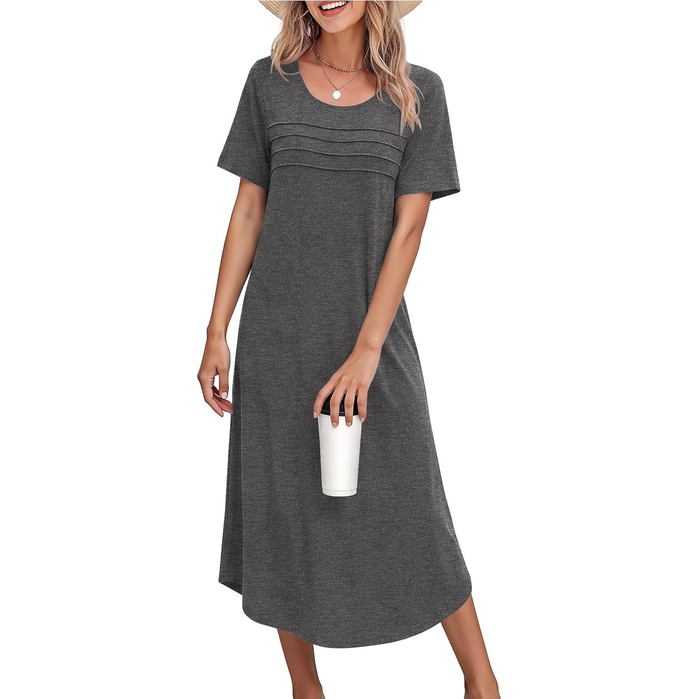 image:imageEkouaer Nightgowns for Women Long Night Gown Pleated Moo Moos Short Sleeve House Dress Plus Size Lounge Dress S5XLDark Grey