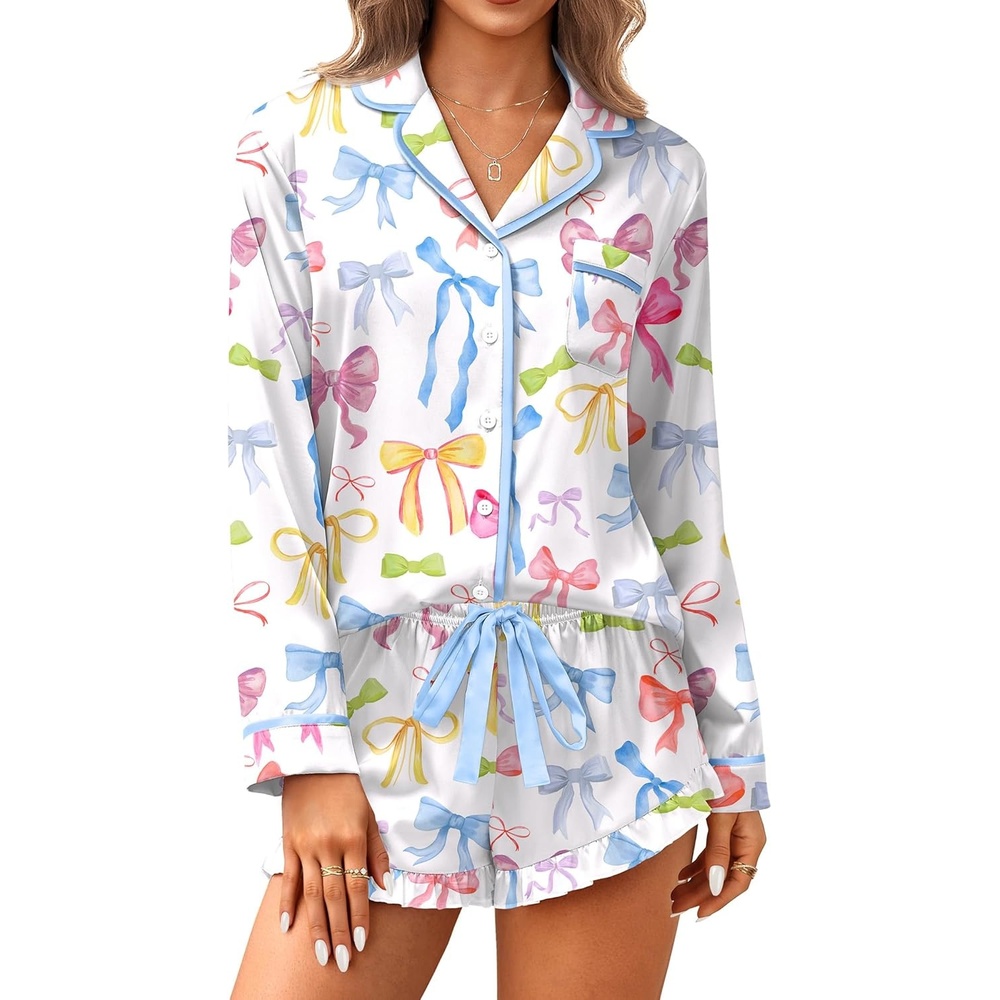 image:imageEkouaer Satin Pajamas Set for Women 2 Piece Silky Long Sleeve and Ruffle Shorts Pajamas Button Down Pjs Loungewear SetColorful Bows