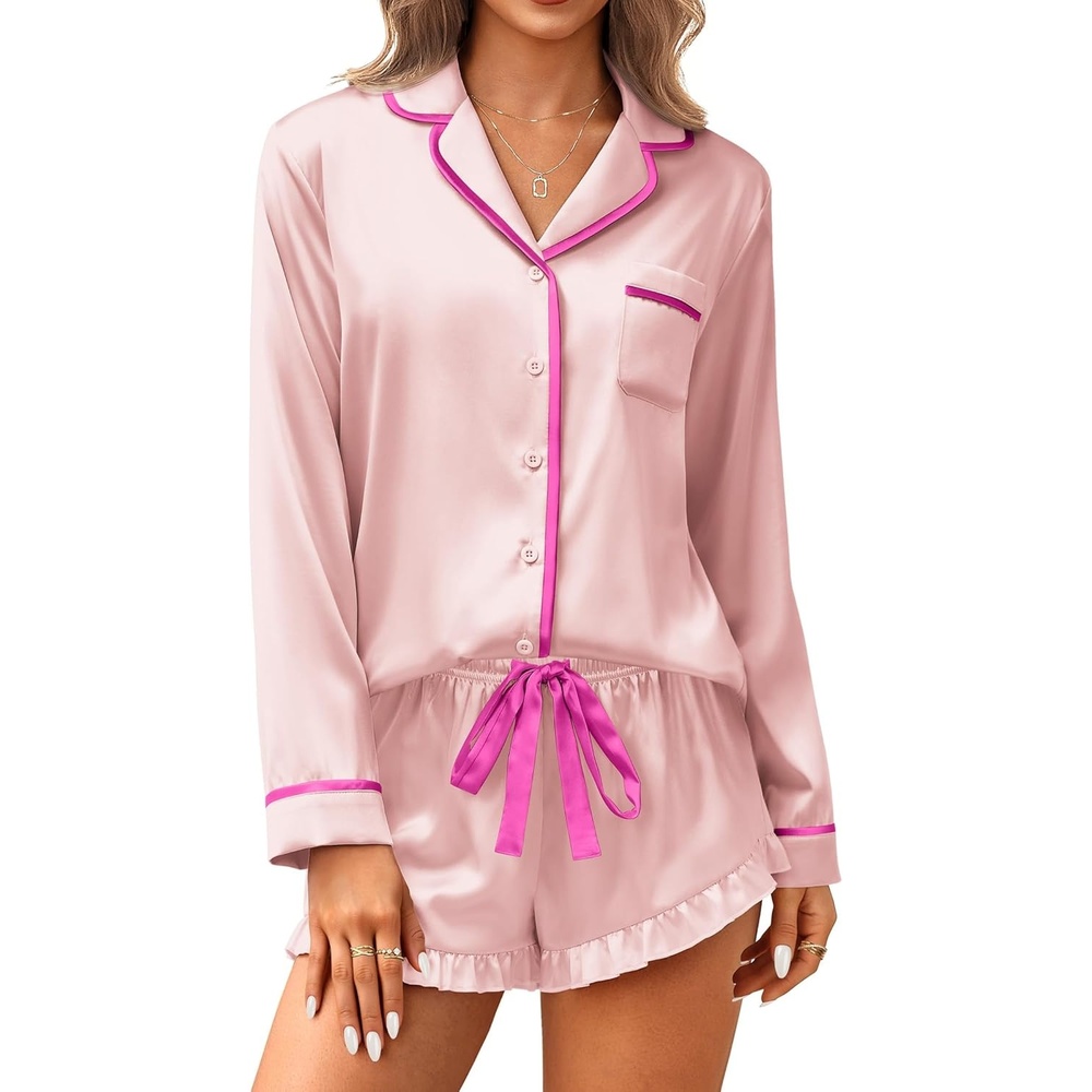 image:imageEkouaer Satin Pajamas Set for Women 2 Piece Silky Long Sleeve and Ruffle Shorts Pajamas Button Down Pjs Loungewear SetPink