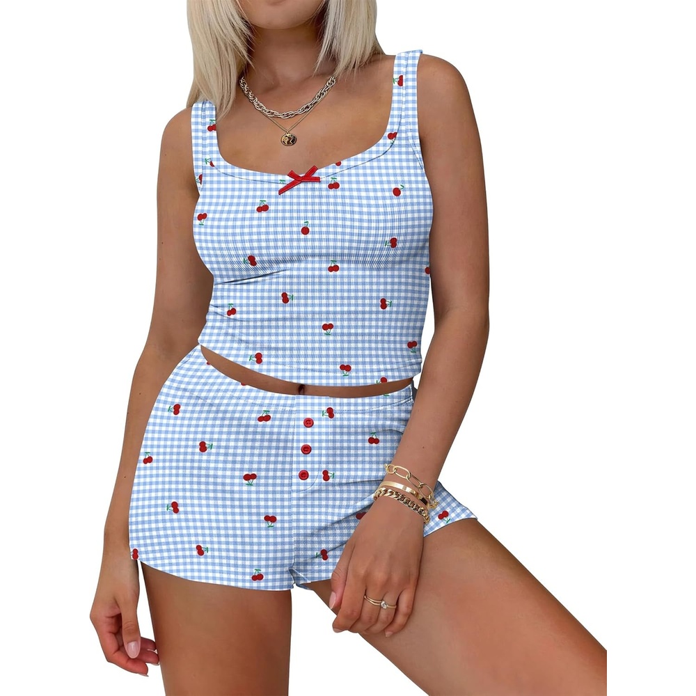 image:imageEkouaer Women Pajama Set 2 Pieces Tank Top and Shorts Cami Sleepwear Loungewear Ribbed Knit Pjs Sets Soft LingeriePlaidcherry