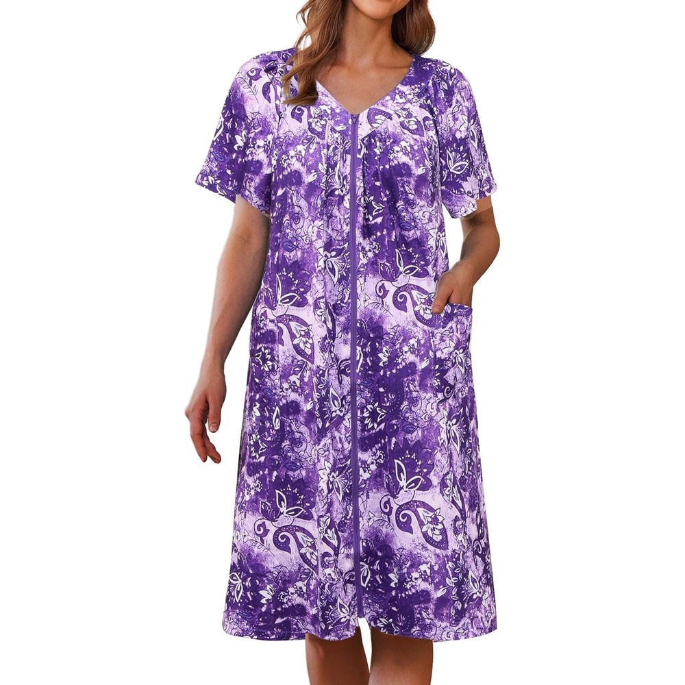 image:imageEkouaer Women Robe Zipper Front Mumu Duster Robes Zip Up Housecoat Soft Sleepwear with PocketsFloral Purple