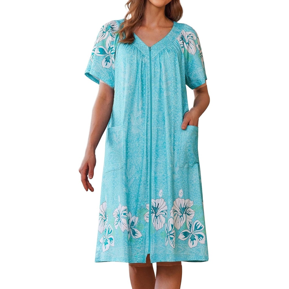 image:imageEkouaer Women Robe Zipper Front Mumu Duster Robes Zip Up Housecoat Soft Sleepwear with PocketsGreen Floral