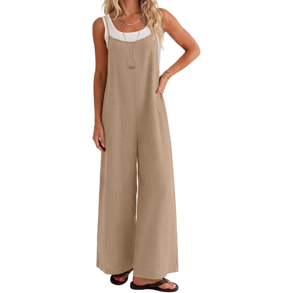 image:imageEkouaer Womens Casual Overalls Wide Leg Jumpsuits Loose Summer Rompers Baggy Jumpers with PocketsKhaki