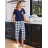 Ekouaer Cotton Pajamas for Women Set Short Sleeve Top and Capri Pants Lounge Sets with Pockets Soft Sleepwear(Navy Blue Plaid)