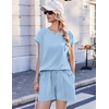 Ekouaer Cotton Two Piece Sets for Women Summer Short Set Crew Neck Matching Sets Cap Sleeve Vacation Outfits With Pocket(Light Blue)