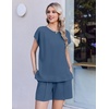 Ekouaer Cotton Two Piece Sets for Women Summer Short Set Crew Neck Matching Sets Cap Sleeve Vacation Outfits With Pocket(Navy Blue)