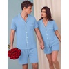 Ekouaer Couple Matching Pajamas Sets Short Sleeve Button Down Pjs Sleepwear 2 Piece Lounge Set XS-XXXL(Light Blue)