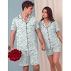 Ekouaer Couple Matching Pajamas Sets Short Sleeve Button Down Pjs Sleepwear 2 Piece Lounge Set XS-XXXL(Light Blue Cat Print)