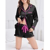 Ekouaer Satin Pajamas Set for Women 2 Piece Silky Long Sleeve and Ruffle Shorts Pajamas Button Down Pjs Loungewear Set(Black)