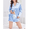 Ekouaer Satin Pajamas Set for Women 2 Piece Silky Long Sleeve and Ruffle Shorts Pajamas Button Down Pjs Loungewear Set(Blue)