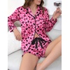 Ekouaer Satin Pajamas Set for Women 2 Piece Silky Long Sleeve and Ruffle Shorts Pajamas Button Down Pjs Loungewear Set(Rose Red Heart Leopard Print)