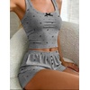 Ekouaer Women Pajama Set 2 Pieces Tank Top and Shorts Cami Sleepwear Loungewear Ribbed Knit Pjs Sets Soft Lingerie(Grey-bow Heart)