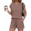 Ekouaer Cotton Two Piece Sets for Women Summer Short Set Crew Neck Matching Sets Cap Sleeve Vacation Outfits With Pocket(Brown)