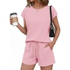 Ekouaer Cotton Two Piece Sets for Women Summer Short Set Crew Neck Matching Sets Cap Sleeve Vacation Outfits With Pocket(Pink)