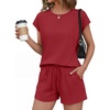 Ekouaer Cotton Two Piece Sets for Women Summer Short Set Crew Neck Matching Sets Cap Sleeve Vacation Outfits With Pocket(Wine Red)