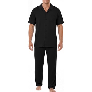 EKouear Mens Pajamas Set Short Sleeve pjs sets Classic Button Down Sleepwear Long Pants Lounge Set with Pocket(Black)