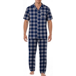 EKouear Mens Pajamas Set Short Sleeve pjs sets Classic Button Down Sleepwear Long Pants Lounge Set with Pocket(Blue Plaid)