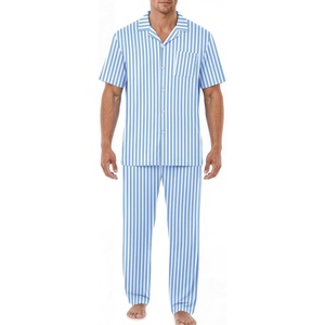 EKouear Mens Pajamas Set Short Sleeve pjs sets Classic Button Down Sleepwear Long Pants Lounge Set with Pocket(Blue Stripe)