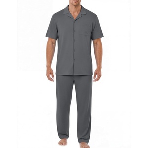 EKouear Mens Pajamas Set Short Sleeve pjs sets Classic Button Down Sleepwear Long Pants Lounge Set with Pocket(Deep Gray)