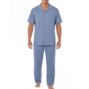 EKouear Mens Pajamas Set Short Sleeve pjs sets Classic Button Down Sleepwear Long Pants Lounge Set with Pocket(Gray Blue)