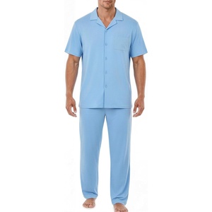 EKouear Mens Pajamas Set Short Sleeve pjs sets Classic Button Down Sleepwear Long Pants Lounge Set with Pocket(Light Blue)