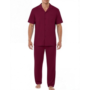 EKouear Mens Pajamas Set Short Sleeve pjs sets Classic Button Down Sleepwear Long Pants Lounge Set with Pocket(Wine Red)