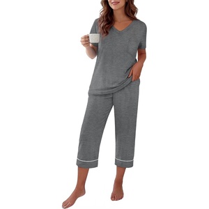 Ekouaer Cotton Pajamas for Women Set Short Sleeve Top and Capri Pants Lounge Sets with Pockets Soft Sleepwear(Grey)