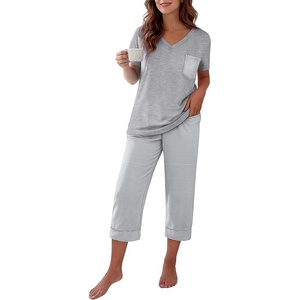 Ekouaer Cotton Pajamas for Women Set Short Sleeve Top and Capri Pants Lounge Sets with Pockets Soft Sleepwear(Grey Stripe)