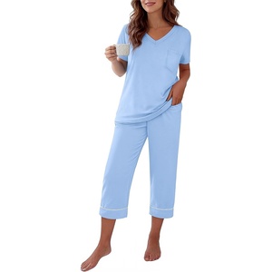 Ekouaer Cotton Pajamas for Women Set Short Sleeve Top and Capri Pants Lounge Sets with Pockets Soft Sleepwear(Light Blue)