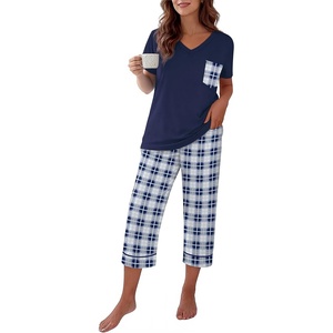 Ekouaer Cotton Pajamas for Women Set Short Sleeve Top and Capri Pants Lounge Sets with Pockets Soft Sleepwear(Navy Blue Plaid)