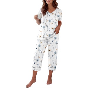 Ekouaer Cotton Pajamas for Women Set Short Sleeve Top and Capri Pants Lounge Sets with Pockets Soft Sleepwear(White Colorful Flowers)