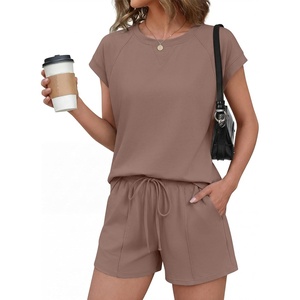 Ekouaer Cotton Two Piece Sets for Women Summer Short Set Crew Neck Matching Sets Cap Sleeve Vacation Outfits With Pocket(Brown)