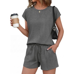 Ekouaer Cotton Two Piece Sets for Women Summer Short Set Crew Neck Matching Sets Cap Sleeve Vacation Outfits With Pocket(Medium Heather Grey)