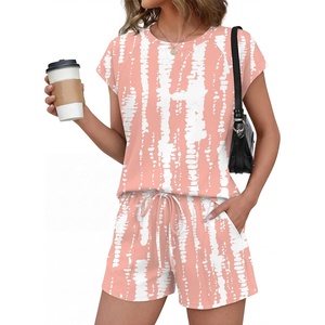 Ekouaer Cotton Two Piece Sets for Women Summer Short Set Crew Neck Matching Sets Cap Sleeve Vacation Outfits With Pocket(Tie-dye Pink)