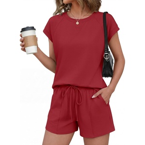 Ekouaer Cotton Two Piece Sets for Women Summer Short Set Crew Neck Matching Sets Cap Sleeve Vacation Outfits With Pocket(Wine Red)