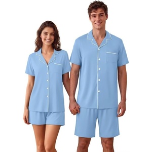 Ekouaer Couple Matching Pajamas Sets Short Sleeve Button Down Pjs Sleepwear 2 Piece Lounge Set XS-XXXL(Light Blue)