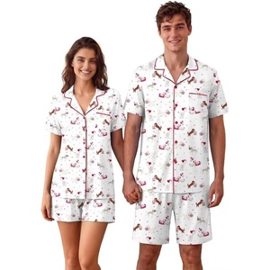 Ekouaer Couple Matching Pajamas Sets Short Sleeve Button Down Pjs Sleepwear 2 Piece Lounge Set XS-XXXL(White Puppy Couple Print)