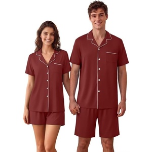 Ekouaer Couple Matching Pajamas Sets Short Sleeve Button Down Pjs Sleepwear 2 Piece Lounge Set XS-XXXL(Wine Red)