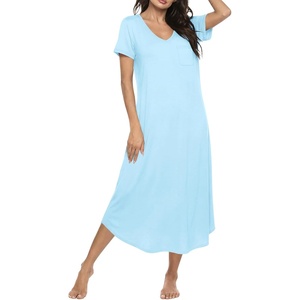 Ekouaer Long Nightgowns for Women Bamboo Viscose Sleepshirt Short Sleeve Night Gown V Neck House Dress(Aqua Green)